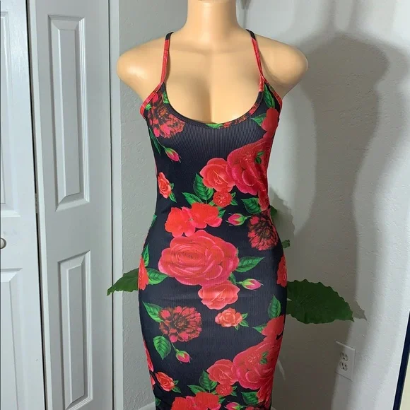 Rose Print Bodycon Dress L-XL, Summer Low Cut Spaghetti Strap - Picture 5 of 5
